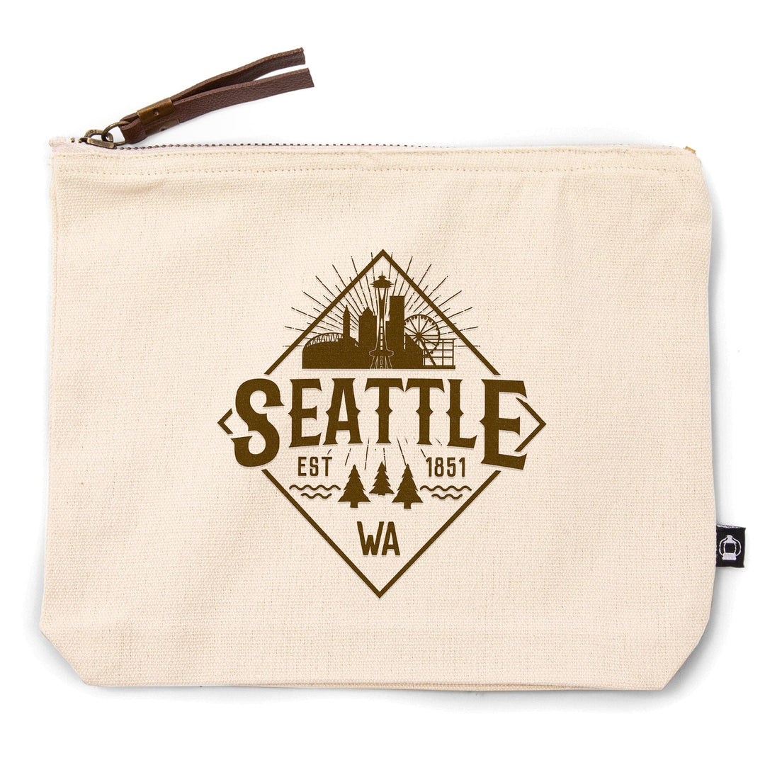 Seattle, Washington, Established 1851, Diamond Skyline Badge,, Organic Cotton Zipper Pouch, Go Bag Go Bag Lantern Press 