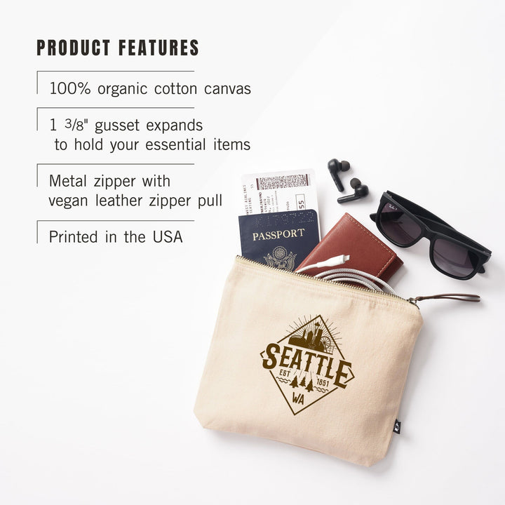 Seattle, Washington, Established 1851, Diamond Skyline Badge,, Organic Cotton Zipper Pouch, Go Bag Go Bag Lantern Press 