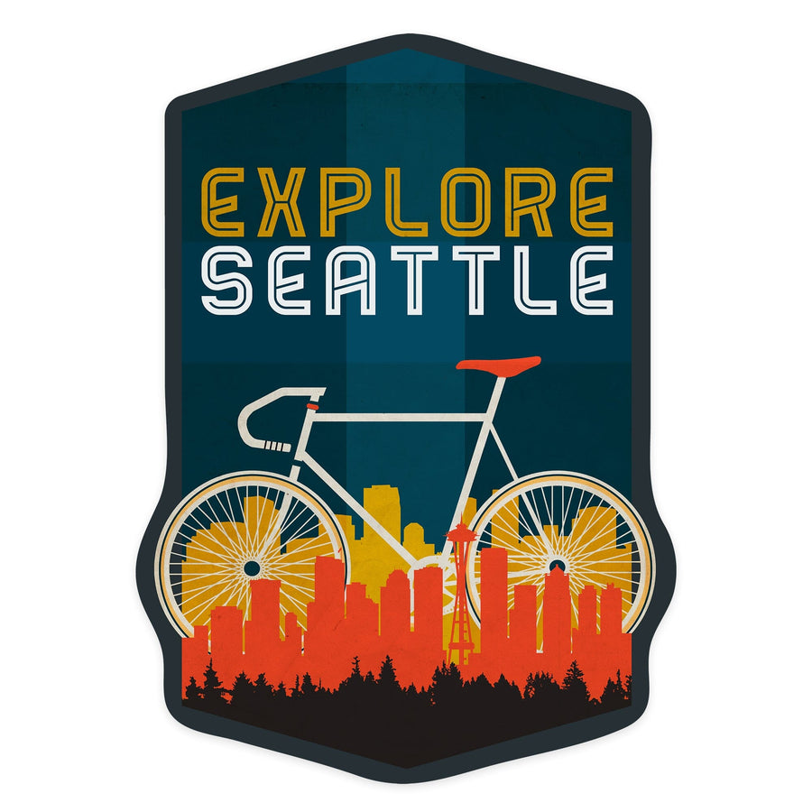 Seattle, Washington, Explore Seattle, Bike, Screenprint Style, Contour, Lantern Press Artwork, Vinyl Sticker Sticker Lantern Press 