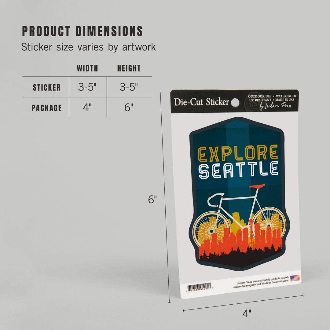 Seattle, Washington, Explore Seattle, Bike, Screenprint Style, Contour, Lantern Press Artwork, Vinyl Sticker Sticker Lantern Press 