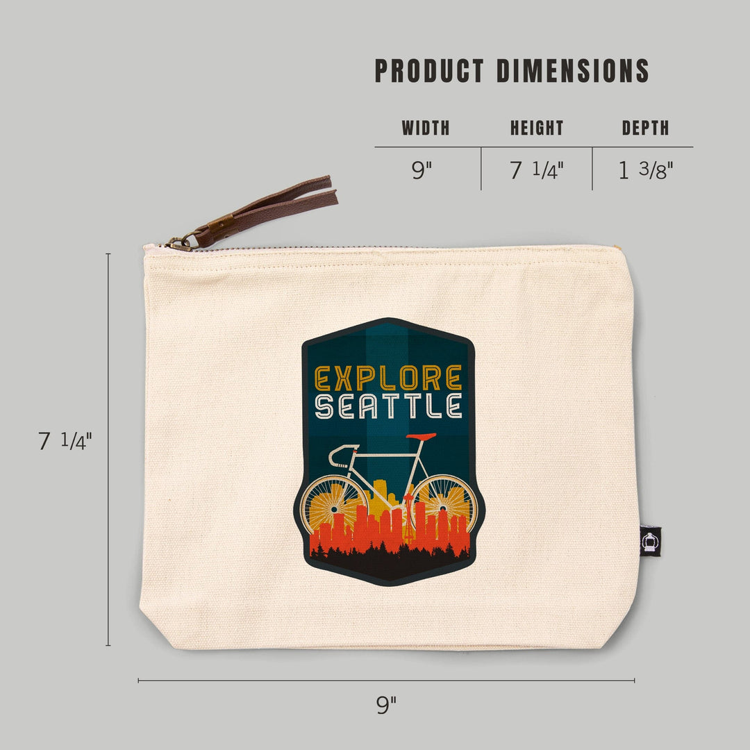 Seattle, Washington, Explore Seattle, Bike, Screenprint Style,, Organic Cotton Zipper Pouch, Go Bag Go Bag Lantern Press 