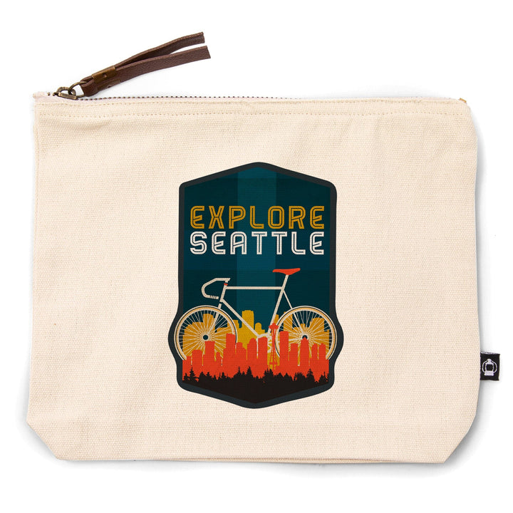Seattle, Washington, Explore Seattle, Bike, Screenprint Style,, Organic Cotton Zipper Pouch, Go Bag Go Bag Lantern Press 