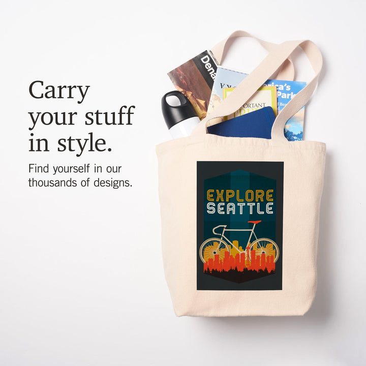 Seattle, Washington, Explore Seattle, Bike, Screenprint Style,, Tote Bag Totes Lantern Press 