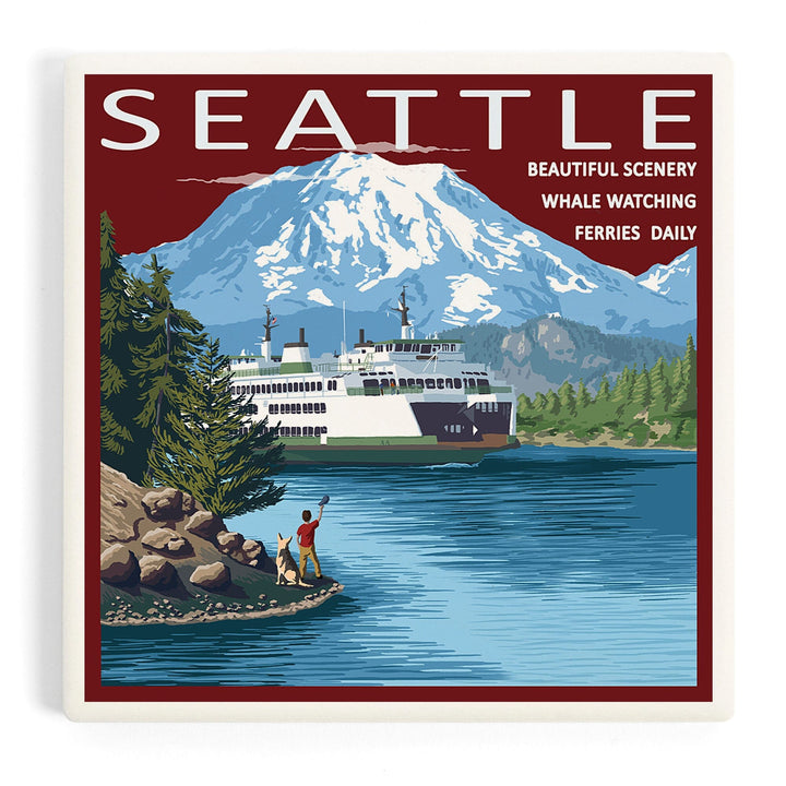 Seattle, Washington, Ferry and Mount Rainier Scene, Coasters Coasters Lantern Press 