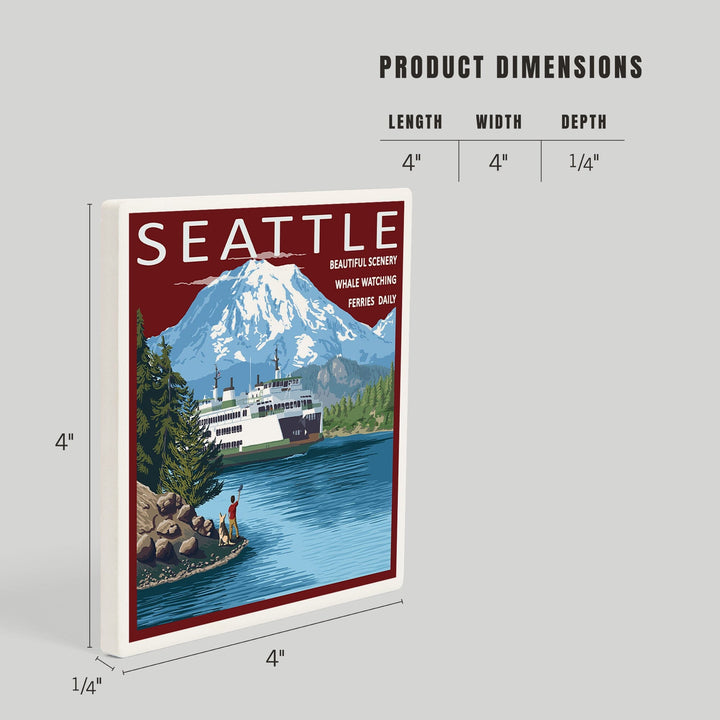 Seattle, Washington, Ferry and Mount Rainier Scene, Coasters Coasters Lantern Press 
