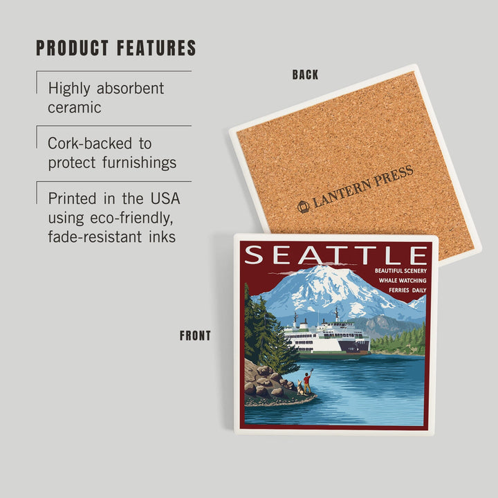 Seattle, Washington, Ferry and Mount Rainier Scene, Coasters Coasters Lantern Press 
