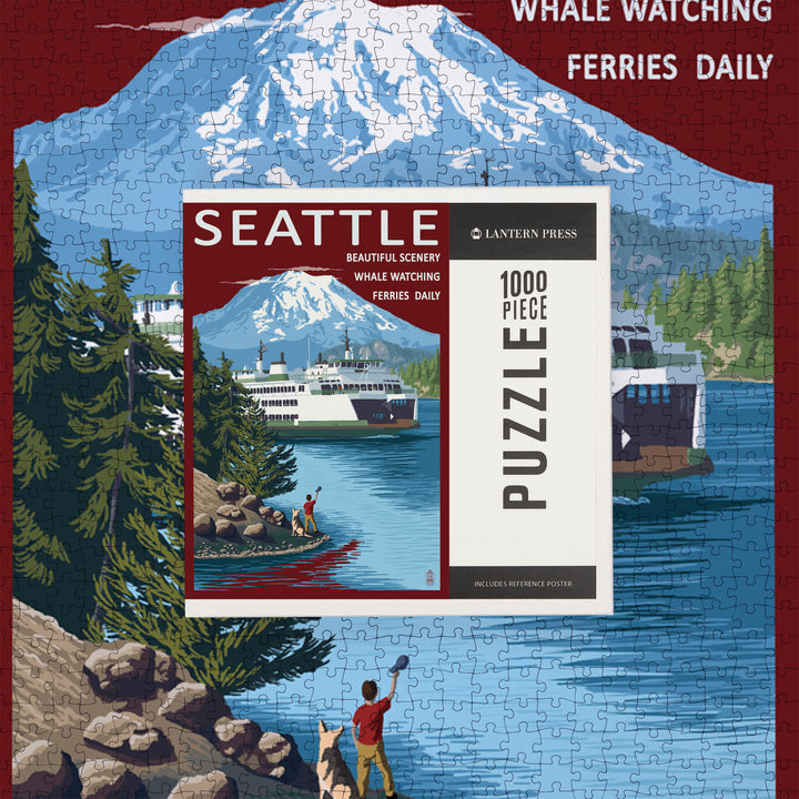 Seattle, Washington, Ferry and Mount Rainier Scene, Jigsaw Puzzle Puzzle Lantern Press 