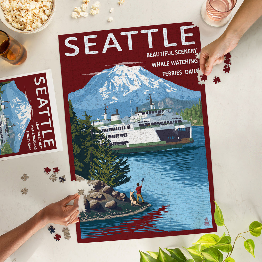 Seattle, Washington, Ferry and Mount Rainier Scene, Jigsaw Puzzle Puzzle Lantern Press 