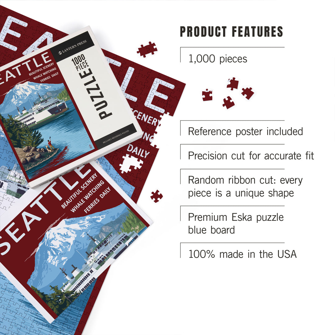Seattle, Washington, Ferry and Mount Rainier Scene, Jigsaw Puzzle Puzzle Lantern Press 