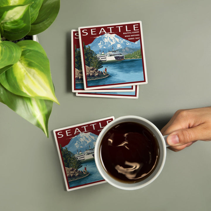 Seattle, Washington, Ferry and Mount Rainier Scene, Lantern Press Artwork, Coaster Set Coasters Lantern Press 