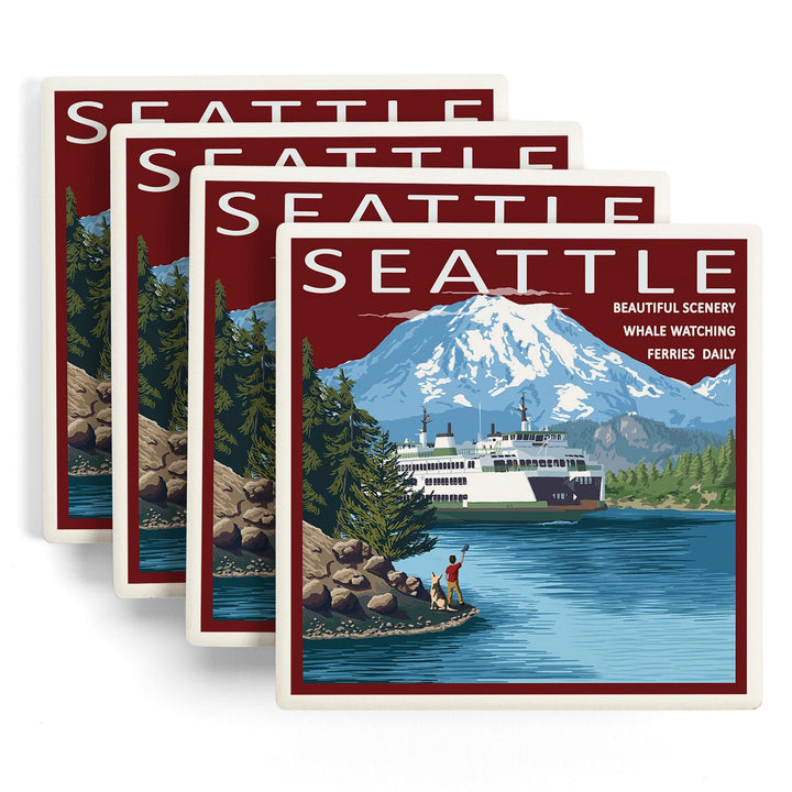 Seattle, Washington, Ferry and Mount Rainier Scene, Lantern Press Artwork, Coaster Set Coasters Lantern Press 