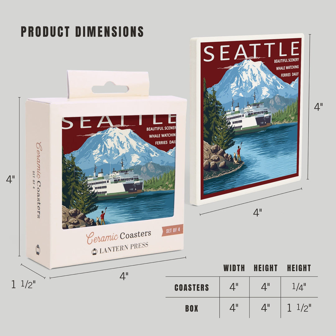 Seattle, Washington, Ferry and Mount Rainier Scene, Lantern Press Artwork, Coaster Set Coasters Lantern Press 