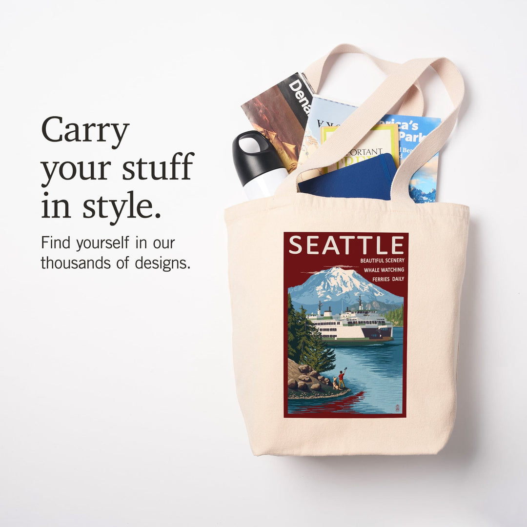 Seattle, Washington, Ferry and Mount Rainier Scene, Lantern Press Artwork, Tote Bag Totes Lantern Press 