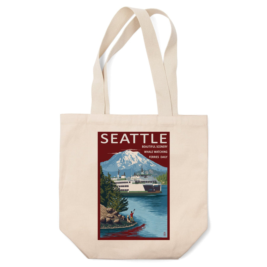 Seattle, Washington, Ferry and Mount Rainier Scene, Lantern Press Artwork, Tote Bag Totes Lantern Press 