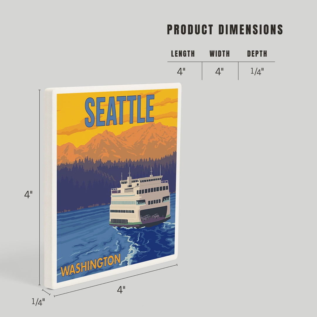 Seattle, Washington, Ferry and Mountains, Coasters Coasters Lantern Press 
