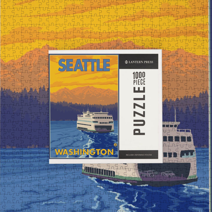 Seattle, Washington, Ferry and Mountains, Jigsaw Puzzle Puzzle Lantern Press 