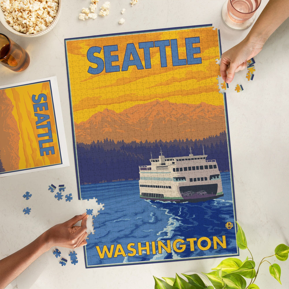 Seattle, Washington, Ferry and Mountains, Jigsaw Puzzle Puzzle Lantern Press 