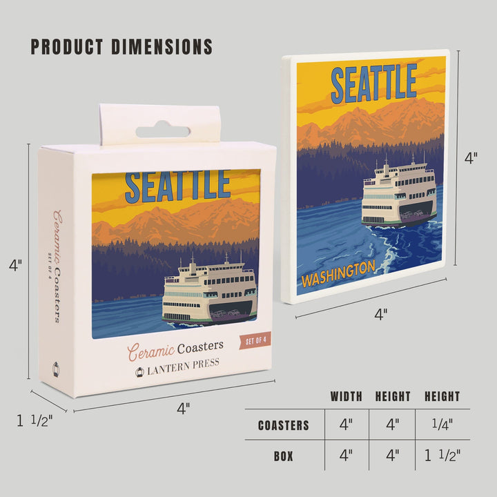 Seattle, Washington, Ferry and Mountains, Lantern Press Artwork, Coaster Set Coasters Lantern Press 