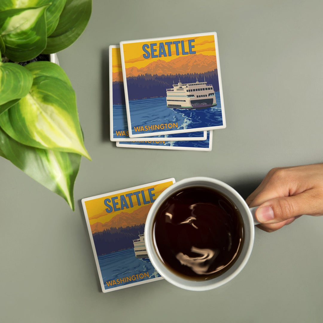 Seattle, Washington, Ferry and Mountains, Lantern Press Artwork, Coaster Set Coasters Lantern Press 