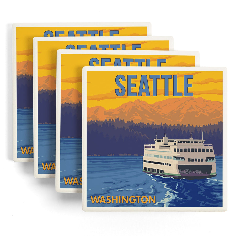 Seattle, Washington, Ferry and Mountains, Lantern Press Artwork, Coaster Set Coasters Lantern Press 