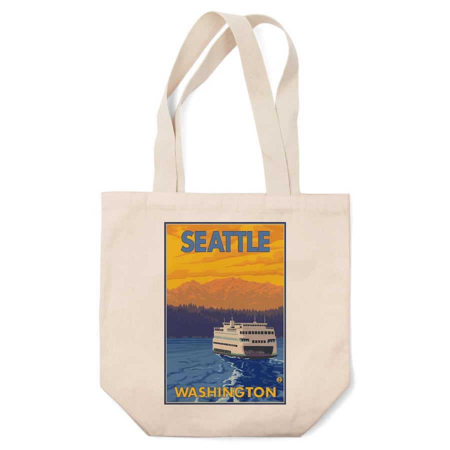 Seattle, Washington, Ferry and Mountains, Lantern Press Artwork, Tote Bag Totes Lantern Press 