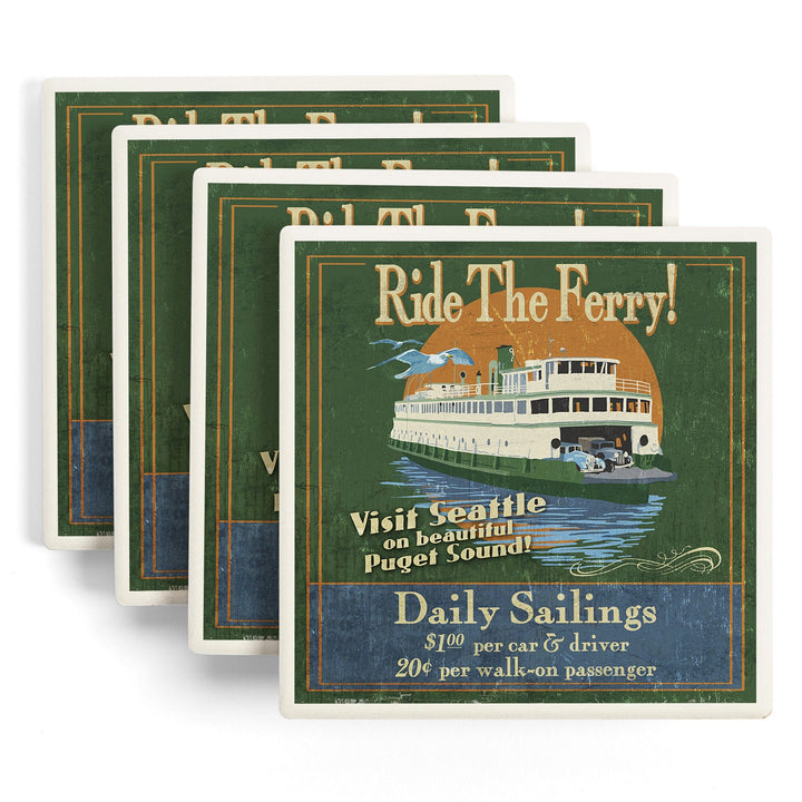 Seattle, Washington, Ferry Vintage Sign, Coasters Coasters Lantern Press 