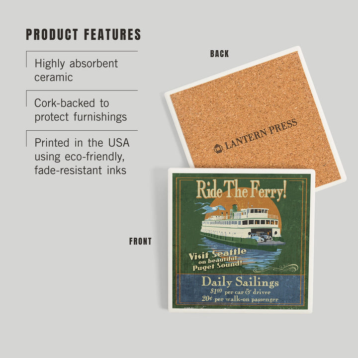 Seattle, Washington, Ferry Vintage Sign, Coasters Coasters Lantern Press 