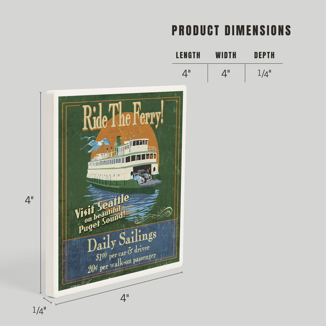 Seattle, Washington, Ferry Vintage Sign, Coasters Coasters Lantern Press 