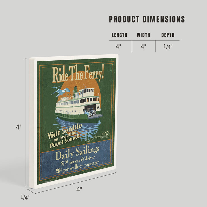 Seattle, Washington, Ferry Vintage Sign, Coasters Coasters Lantern Press 