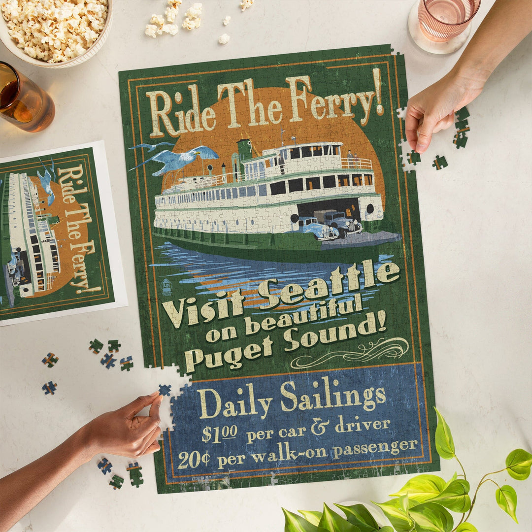 Seattle, Washington, Ferry Vintage Sign, Jigsaw Puzzle Puzzle Lantern Press 