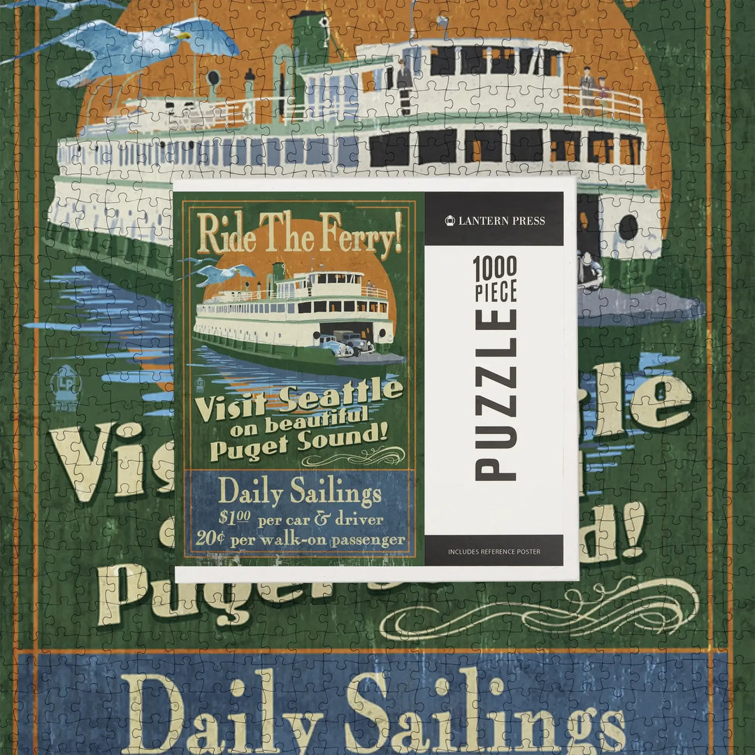 Seattle, Washington, Ferry Vintage Sign, Jigsaw Puzzle Puzzle Lantern Press 