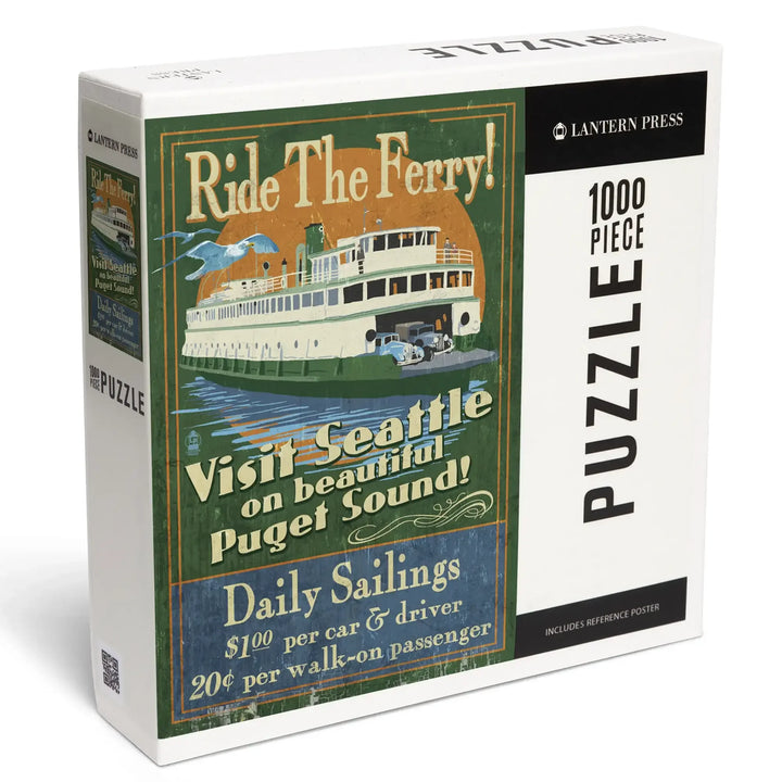 Seattle, Washington, Ferry Vintage Sign, Jigsaw Puzzle Puzzle Lantern Press 