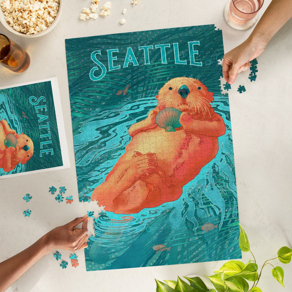 Seattle, Washington, Fluid Linework, Sea Otter, Jigsaw Puzzle Puzzle Lantern Press 