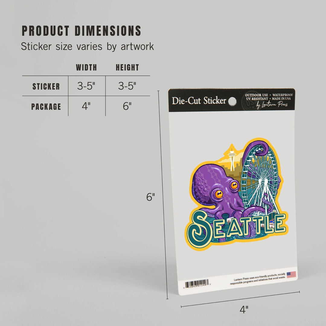 Seattle, Washington, Giant Octopus, Contour, Lantern Press Artwork, Vinyl Sticker Sticker Lantern Press 