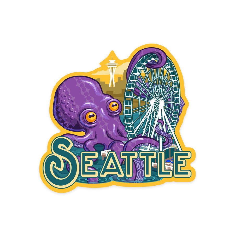 Seattle, Washington, Giant Octopus, Contour, Lantern Press Artwork, Vinyl Sticker Sticker Lantern Press 