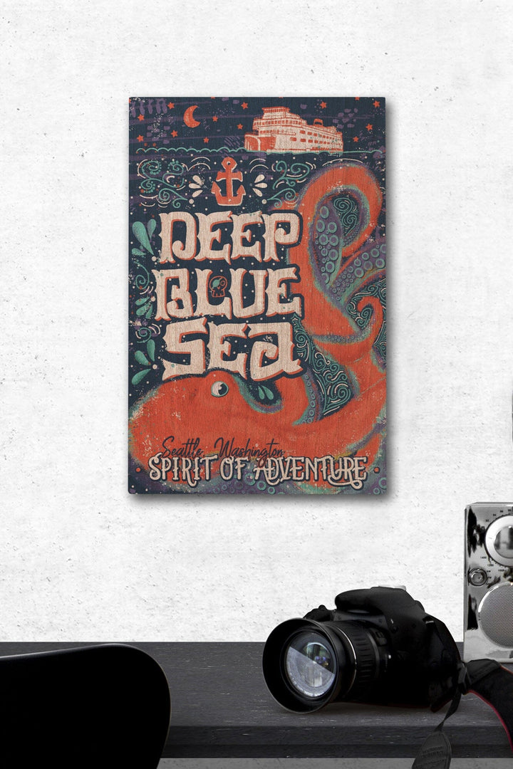 Seattle, Washington, Giant Octopus, Deep Blue Sea, Spirit Of Adventure, Lantern Press Artwork, Wood Signs and Postcards Wood Lantern Press 12 x 18 Wood Gallery Print 