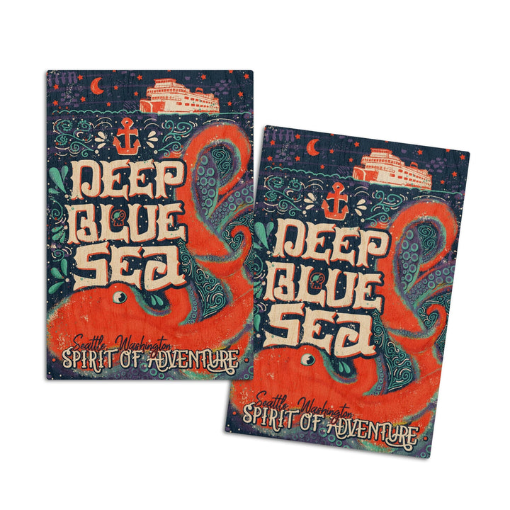 Seattle, Washington, Giant Octopus, Deep Blue Sea, Spirit Of Adventure, Lantern Press Artwork, Wood Signs and Postcards Wood Lantern Press 4x6 Wood Postcard Set 