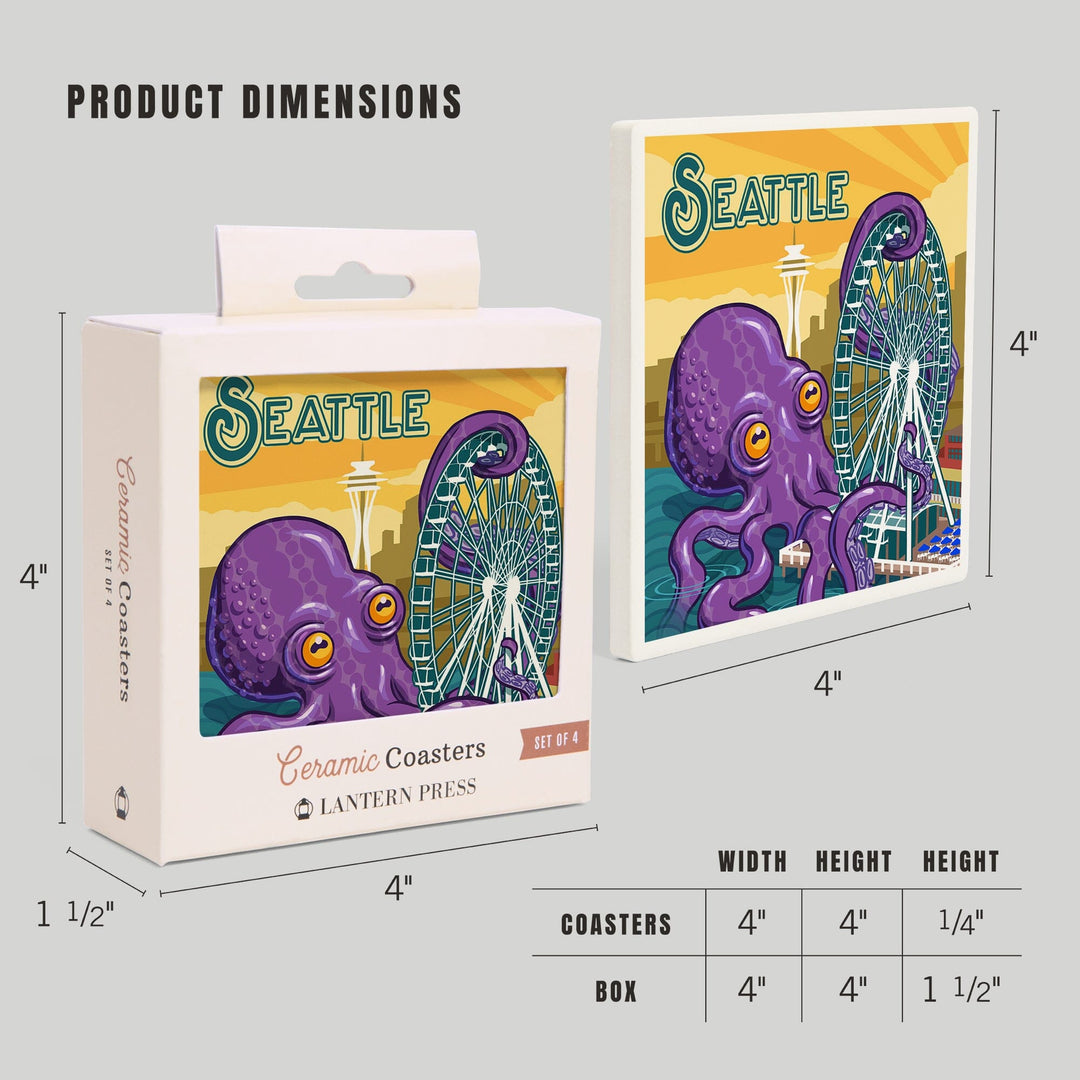 Seattle, Washington, Giant Octopus, Lantern Press Artwork, Coaster Set Coasters Lantern Press 