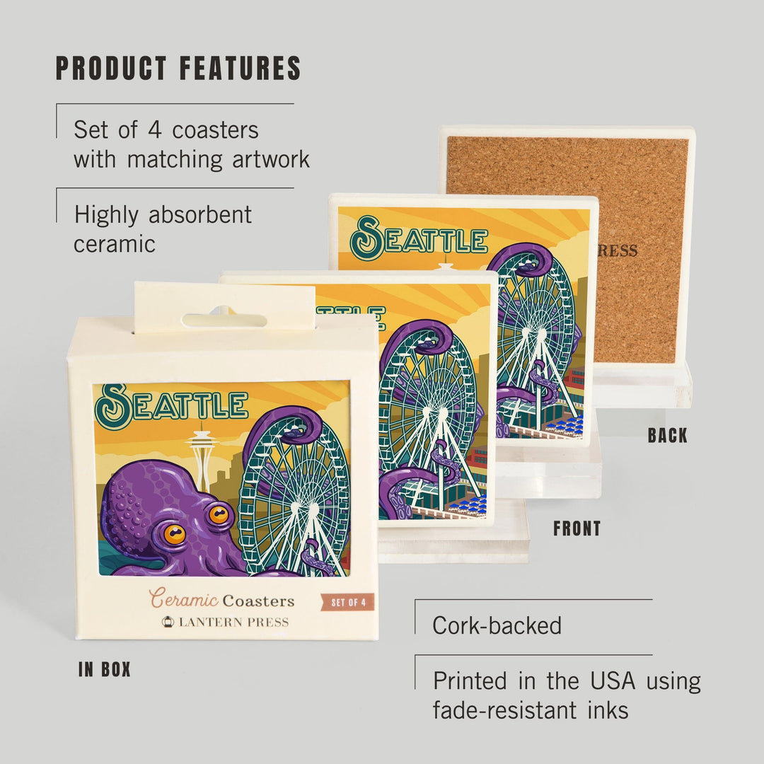 Seattle, Washington, Giant Octopus, Lantern Press Artwork, Coaster Set Coasters Lantern Press 