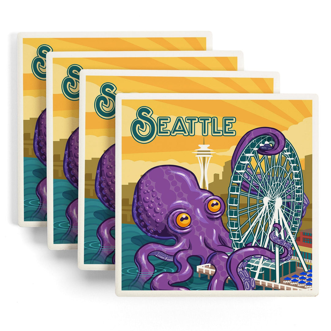 Seattle, Washington, Giant Octopus, Lantern Press Artwork, Coaster Set Coasters Lantern Press 