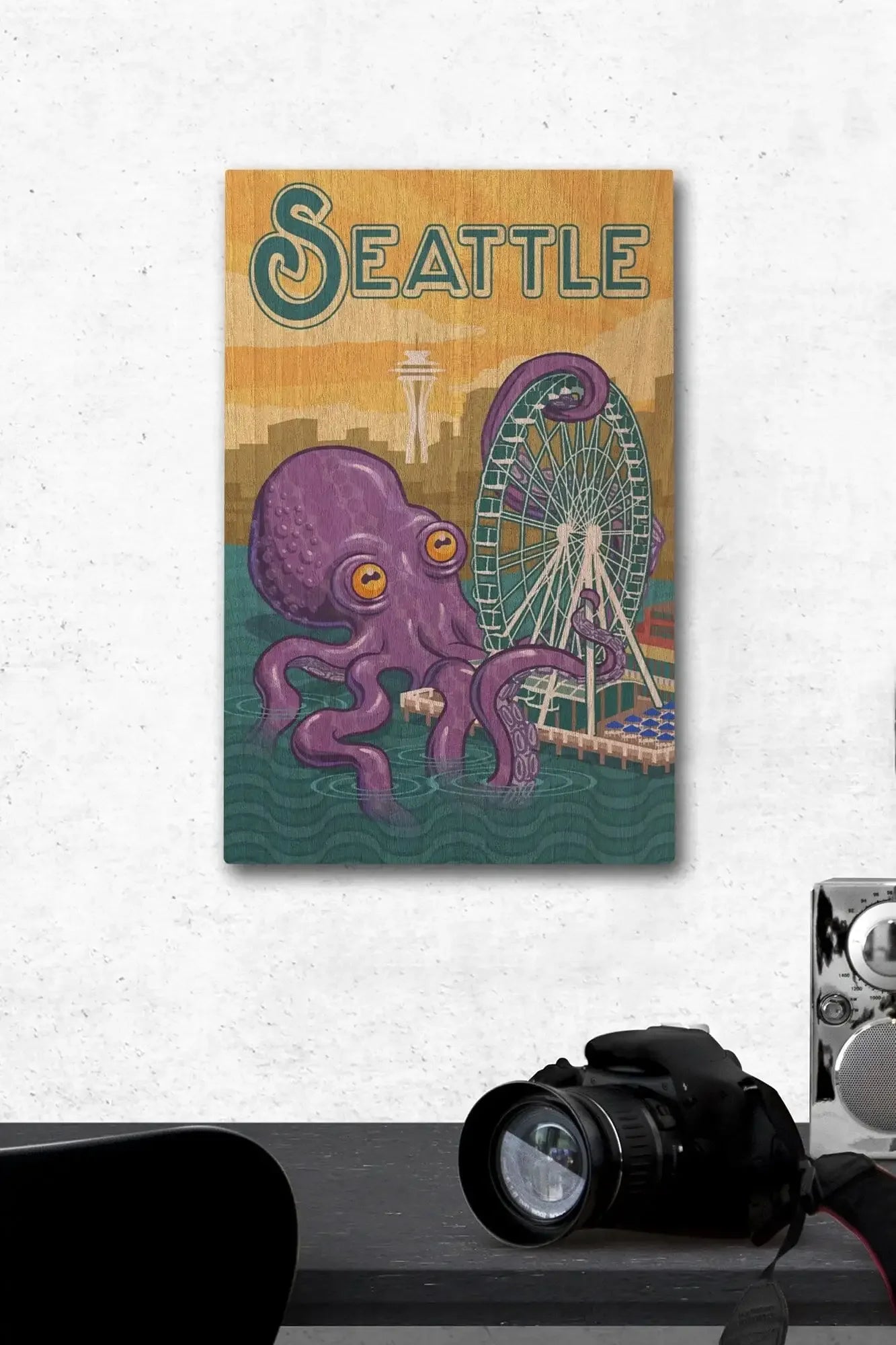 Seattle, Washington, Giant Octopus, Lantern Press Artwork wood