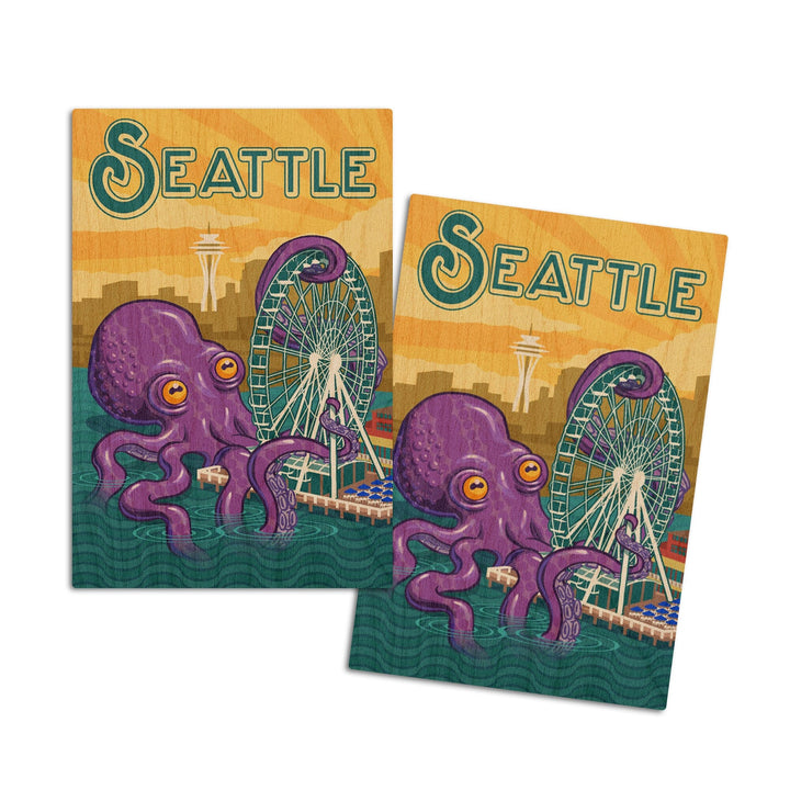 Seattle, Washington, Giant Octopus, Lantern Press Artwork, Wood Signs and Postcards Wood Lantern Press 4x6 Wood Postcard Set 