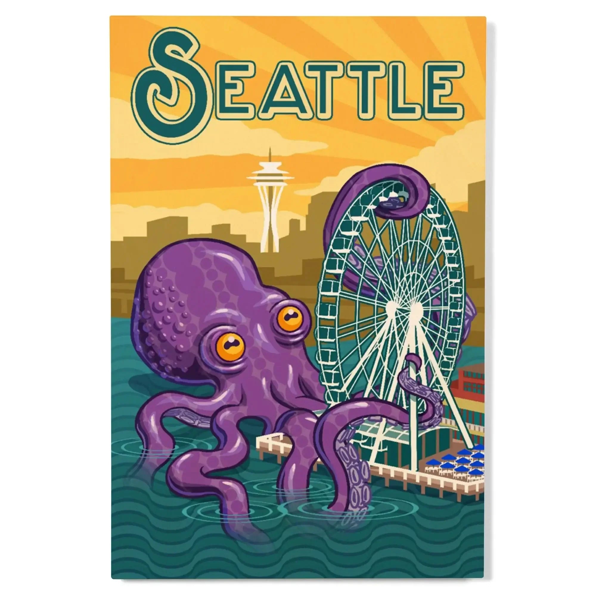 Seattle, Washington, Giant Octopus, Lantern Press Artwork wood