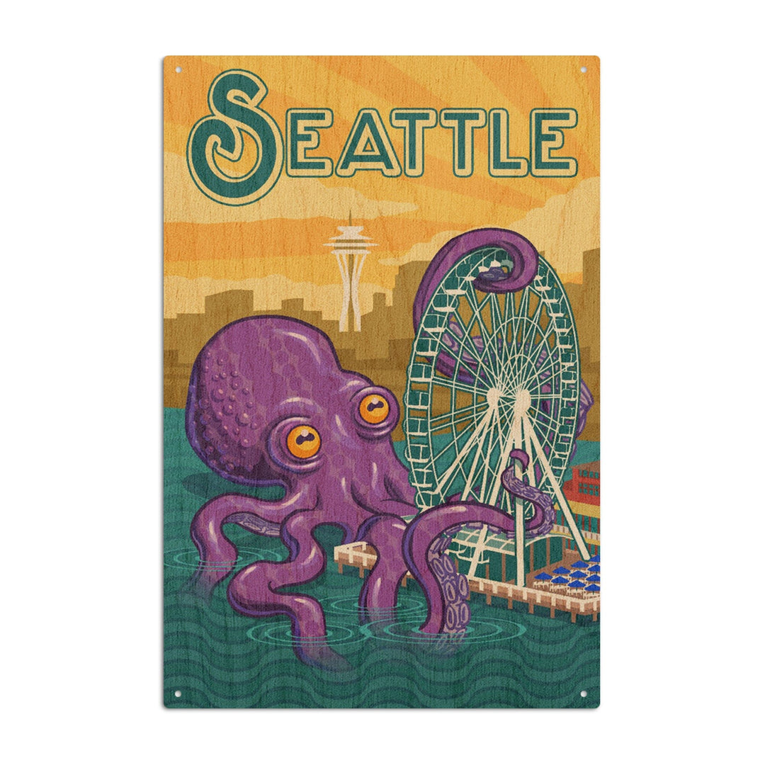 Seattle, Washington, Giant Octopus, Lantern Press Artwork, Wood Signs and Postcards Wood Lantern Press 6x9 Wood Sign 