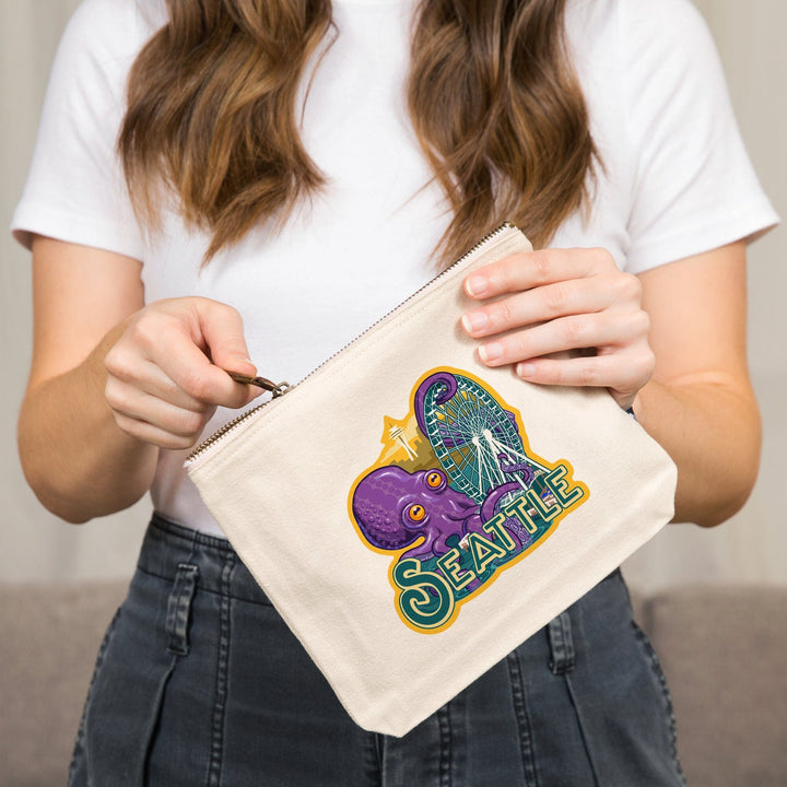 Seattle, Washington, Giant Octopus,, Organic Cotton Zipper Pouch, Go Bag Go Bag Lantern Press 
