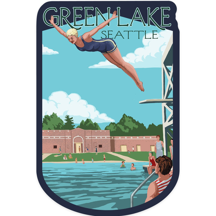 Seattle, Washington, Green Lake Woman Diving, Contour, Vinyl Sticker Sticker Lantern Press 