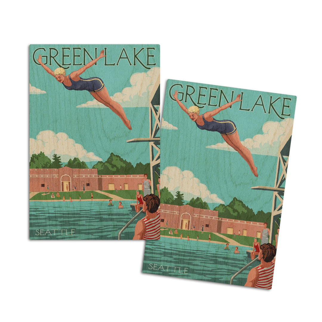 Seattle, Washington, Green Lake Woman Diving, Lantern Press Artwork, Wood Signs and Postcards Wood Lantern Press 4x6 Wood Postcard Set 