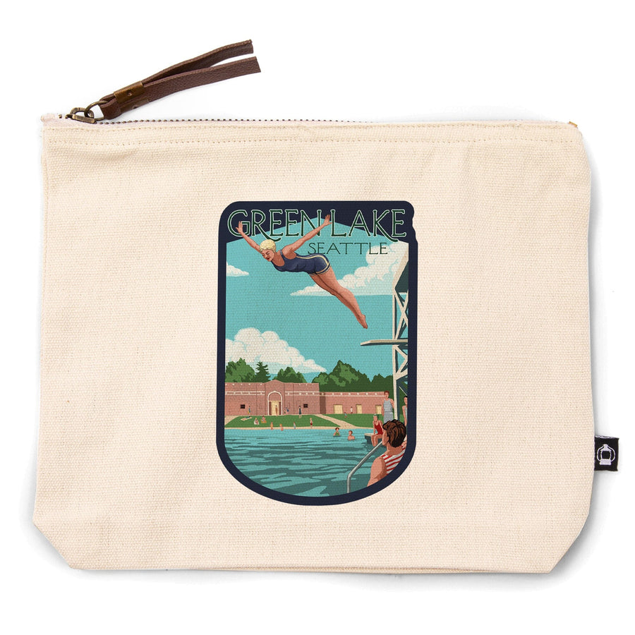 Seattle, Washington, Green Lake Woman Diving,, Organic Cotton Zipper Pouch, Go Bag Go Bag Lantern Press 
