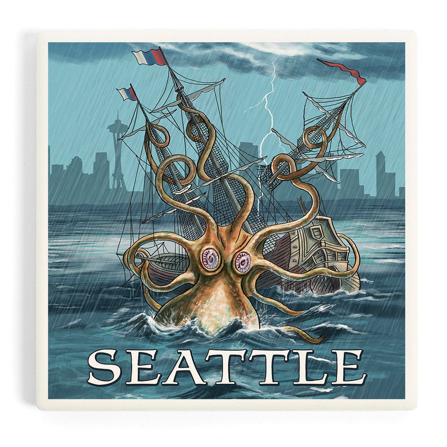 Seattle, Washington, Kraken Attacking Ship, Coasters Coasters Lantern Press 
