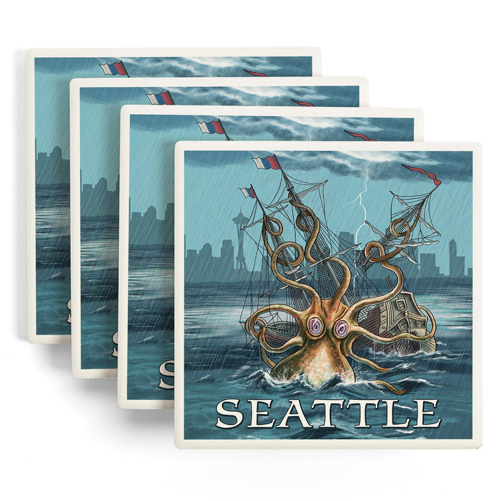 Seattle, Washington, Kraken Attacking Ship, Coasters Coasters Lantern Press 